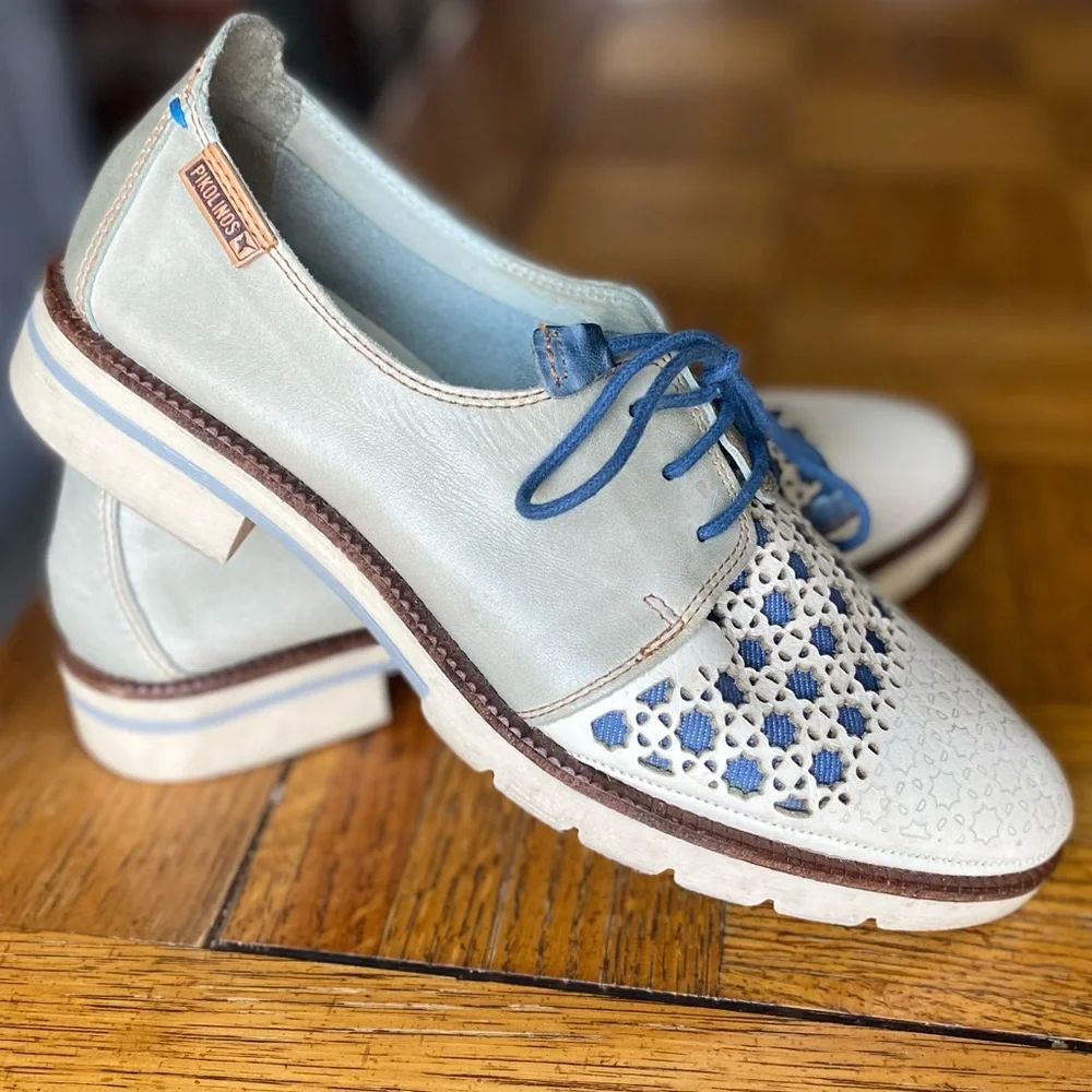 Pikolinos Women SZ 37(6.5 US) Sitges  Laceup Oxford  Brown Tan Beige Lazer Cut
